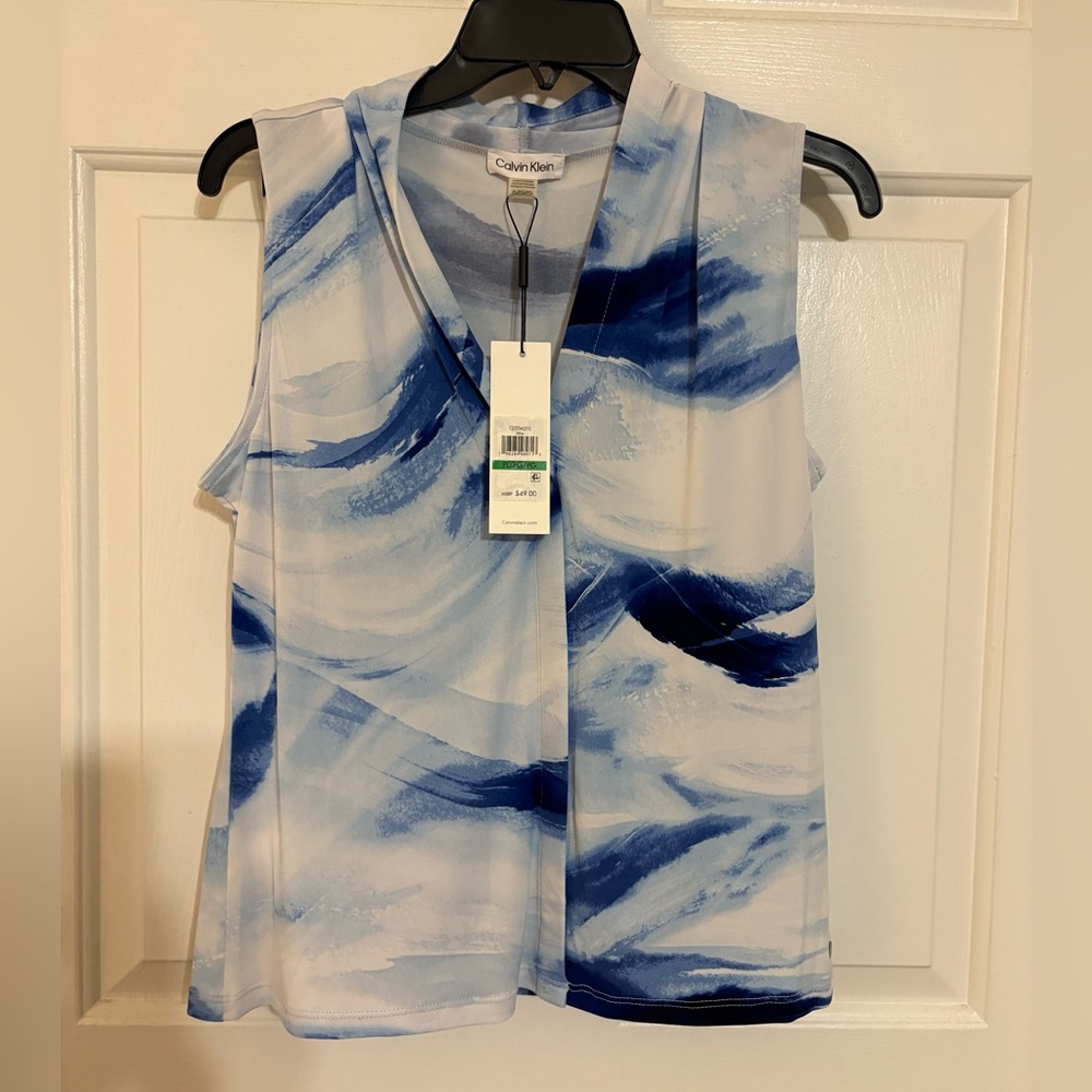 Calvin Klein Women's Blue and White Sleeveless Blouse